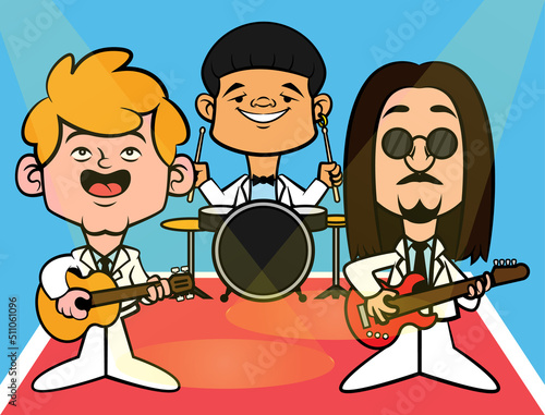 Cartoon illustration of group band wearing formal wear uniform and playing music on the stages, best for decoration, background, and wallpaper with group band themes