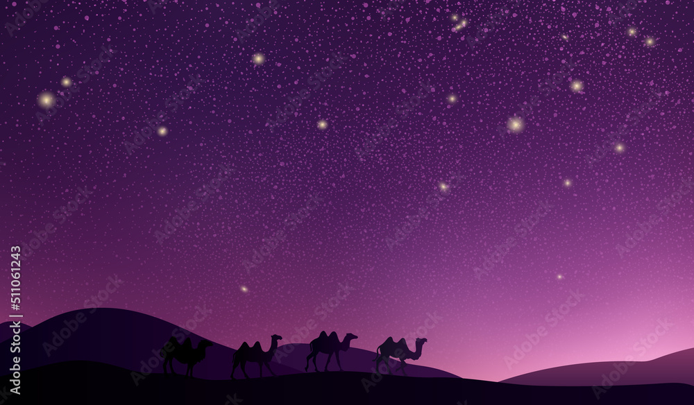 Obraz premium Desert landscape with a caravan of camels. Violet magenta night starry sky over the desert. Vector illustration