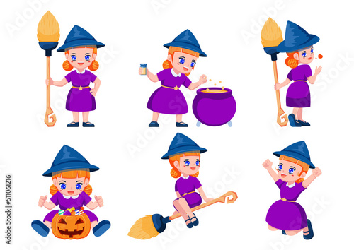 Set of Cute Little Witch Cartoon