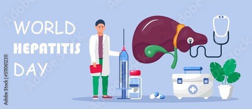 World hepatitis day concept vector. Hepatitis A, B, C, D, cirrhosis treatment. Tiny doctors treat the liver.