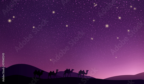 Desert landscape with a caravan of camels. Violet magenta night starry sky over the desert. Vector illustration
