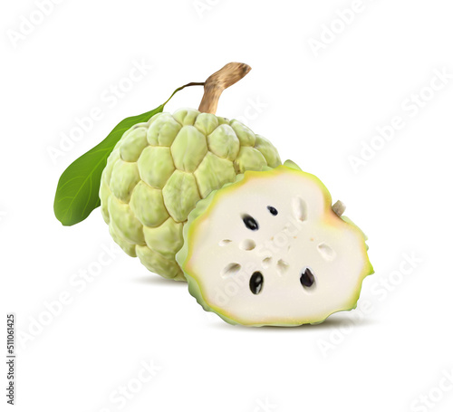 Sugar apple or custard apple isolated on white background with clipping path and full depth of field. Exotic tropical Thai annona or cherimoya fruit. Realistic vector 3d illustration photo