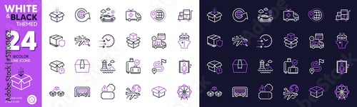 Baggage reclaim, Delivery time and International flight line icons for website, printing. Collection of Lighthouse, Ferris wheel, Delivery insurance icons. Packing boxes, Parcel shipping. Vector