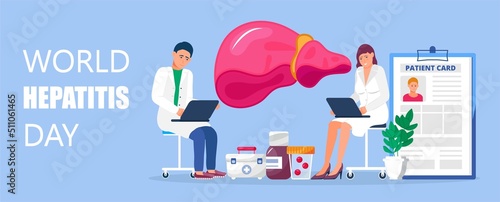 World hepatitis day concept vector. Hepatitis A, B, C, D, cirrhosis treatment. Tiny doctors treat the liver.