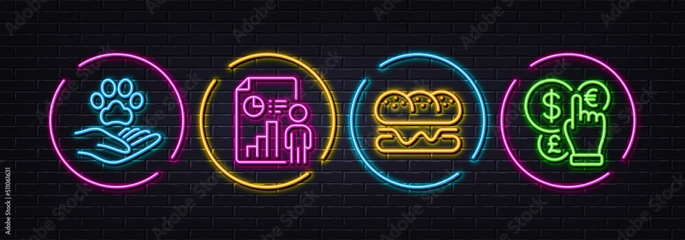 Pets care, Business report and Burger minimal line icons. Neon laser 3d lights. Money currency icons. For web, application, printing. Shelter, Employee statistics, Hamburger food. Vector Pets care, Business report and Burger minimal line icons. Neon laser 3d lights. Money currency icons. For web, application, printing. Shelter, Employee statistics, Hamburger food. Vector