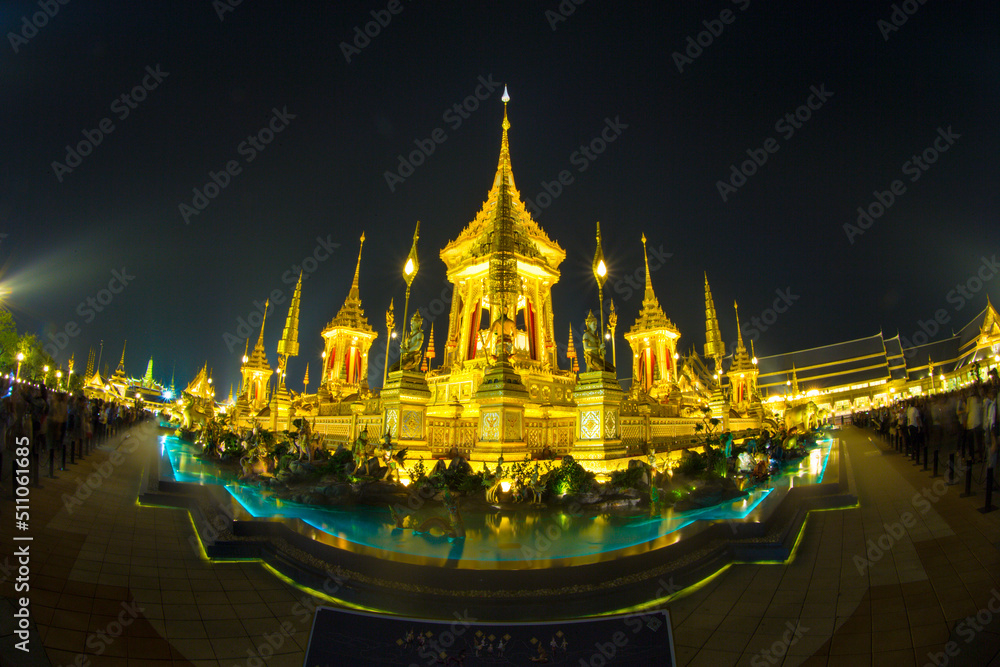 The night view of Phra Merumas (Golden Crematorium) or Royal Crematorium is where the Royal Urn is placed on the pyre (Phra Chittakathan) for the cremation, Bangkok, Thailand. The night view of Phra Merumas (Golden Crematorium) or Royal Crematorium is where the Royal Urn is placed on the pyre (Phra Chittakathan) for the cremation, Bangkok, Thailand.