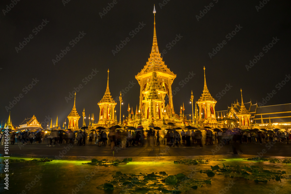 The night view of Phra Merumas (Golden Crematorium) or Royal Crematorium is where the Royal Urn is placed on the pyre (Phra Chittakathan) for the cremation, Bangkok, Thailand.