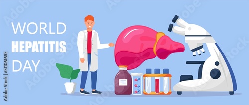 World hepatitis day concept vector. Hepatitis A, B, C, D, cirrhosis treatment. Tiny doctors treat the liver.