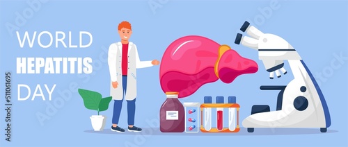 World hepatitis day concept vector. Hepatitis A, B, C, D, cirrhosis treatment. Tiny doctors treat the liver. photo