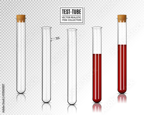 Realistic vector empty test tubes and test tubes with blood. With cork and without cork.