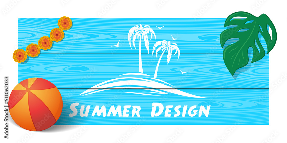 Naklejka premium Summer design. Wooden board with the image of palm trees and a sea wave. Vector illustration