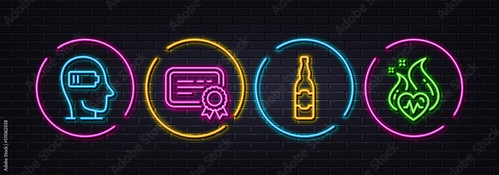 Beer bottle, Certificate and Weariness minimal line icons. Neon laser 3d lights. Cardio training icons. For web, application, printing. Craft beer, Verified document, Mind fatigue. Fat burn. Vector