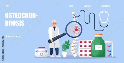 Scoliosis medical anatomical concept vector for homepage. Kyphosis, lordosis, curvature of skeleton diseases.