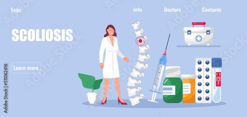 Scoliosis medical anatomical concept vector for homepage. Kyphosis, lordosis, curvature of skeleton diseases.