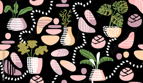 Seamless pattern with indoor plants in flowerpots and abstract shapes in pastel colors on black.Stylish background and texture for printing on fabric and paper.Vector hand drawn illustration.
