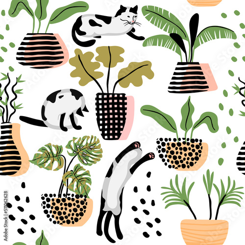 Seamless pattern with houseplants in flowerpots and black-white cats in Memphis style. Trendy colored background and texture for printing on fabric and paper.Vector hand drawn isolated illustration.