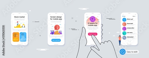 Vaccination announcement, Like and Bitcoin pay minimal line icons. Phone ui interface. Face search, Opinion, Support service icons. Vector