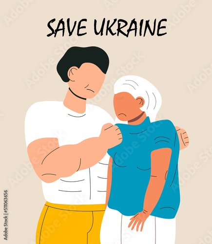 Sad people in clothes Ukrainian colors flag in war, support Ukraine vector banner for web, poster.