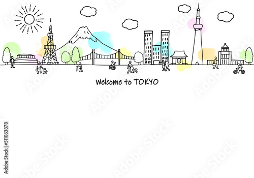 東京の観光地の街並みと人々のシンプル線画イラスト