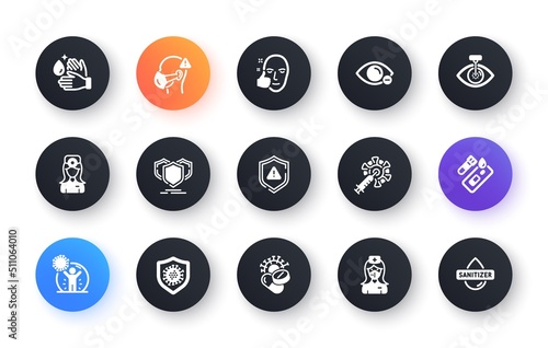 Minimal set of Shields, Coronavirus pills and Coronavirus protection flat icons for web development. Medical mask, Covid test, Oculist doctor icons. Wash hands, Healthy face. Vector