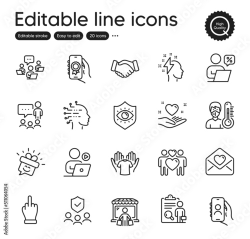 Set of People outline icons. Contains icons as Love couple, Hold heart and Middle finger elements. Love letter, Video conference, Teamwork web signs. People chatting. Outline love couple icon. Vector