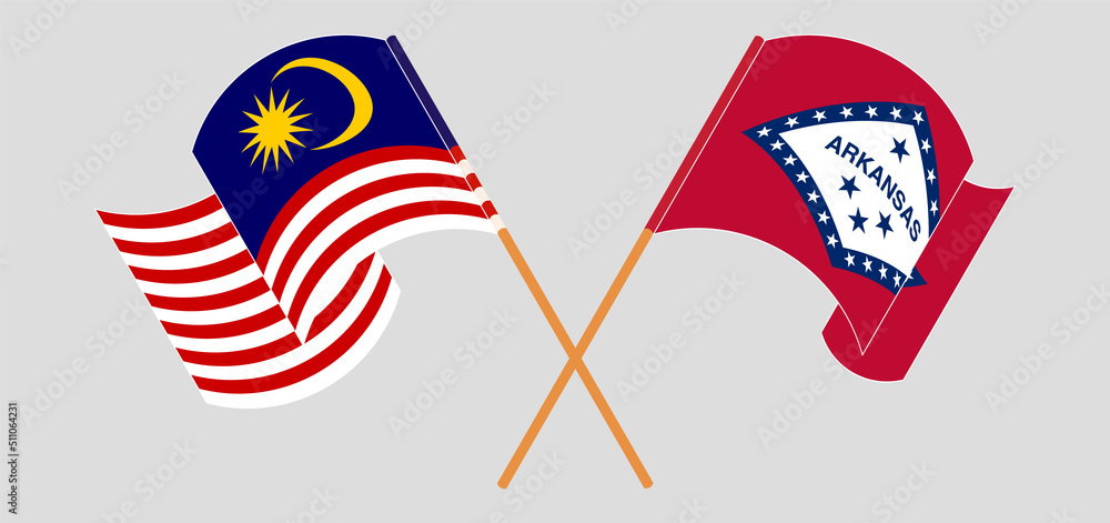 Crossed and waving flags of Malaysia and The State of Arkansas