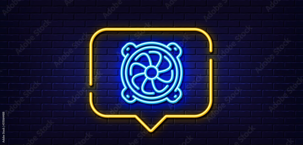 Neon light speech bubble. Computer cooler line icon. PC fan component sign. Neon light background. Computer fan glow line. Brick wall banner. Vector Neon light speech bubble. Computer cooler line icon. PC fan component sign. Neon light background. Computer fan glow line. Brick wall banner. Vector