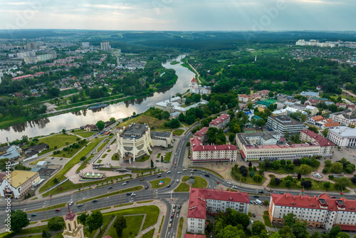 aerial view of road junction with heavy traffic at city