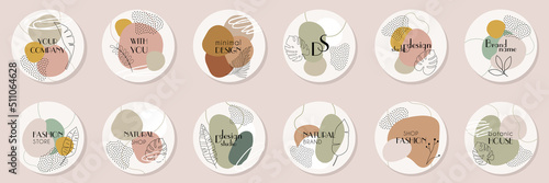 Large set of logos and branding. Emblems for instagram actual stories, for a beauty salon, clothing store, natural cosmetics. Hand drawn vector.