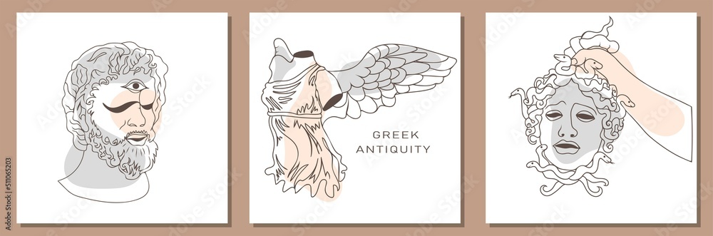 Antiquity. Greek ancient sculpture collection in a trendy modern style. Architectural graphic design elements. Greek sculpture trippy. Vector  design for posters, shopping bags, shops, books, postcard