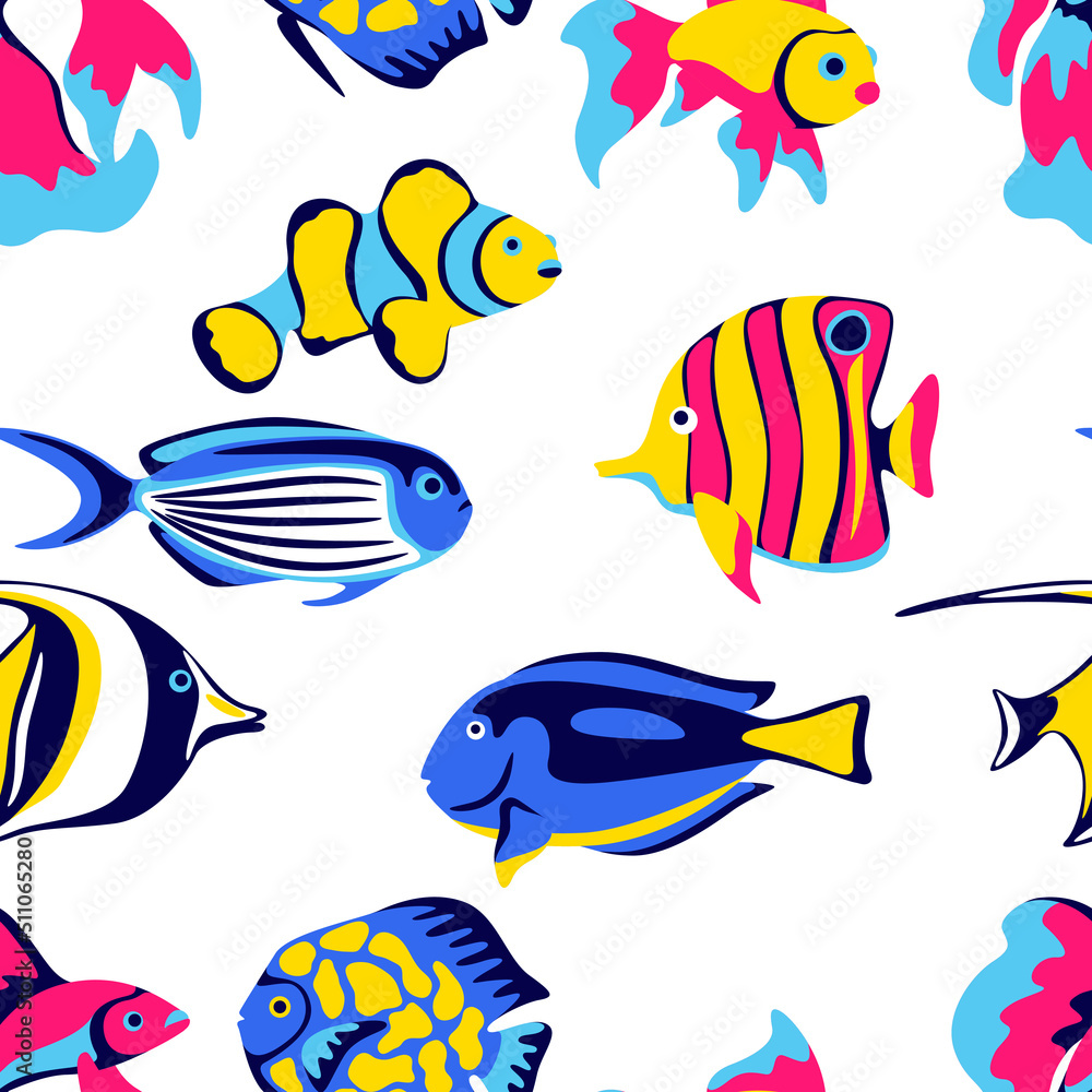 Fototapeta premium Seamless pattern with tropical fishes. Marine life aquarium and sea animals.