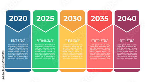 Business process. Chart with 5 steps, options, sections. Vector template.