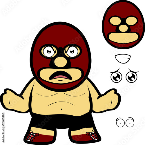 grumpy chibi mexican wrestler cartoon expressions pack illustration in vector format