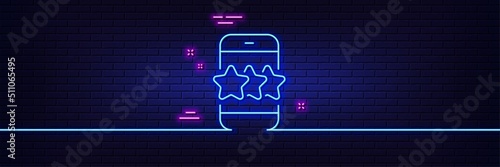 Neon light glow effect. Star line icon. Feedback rating phone sign. Customer satisfaction symbol. 3d line neon glow icon. Brick wall banner. Star outline. Vector