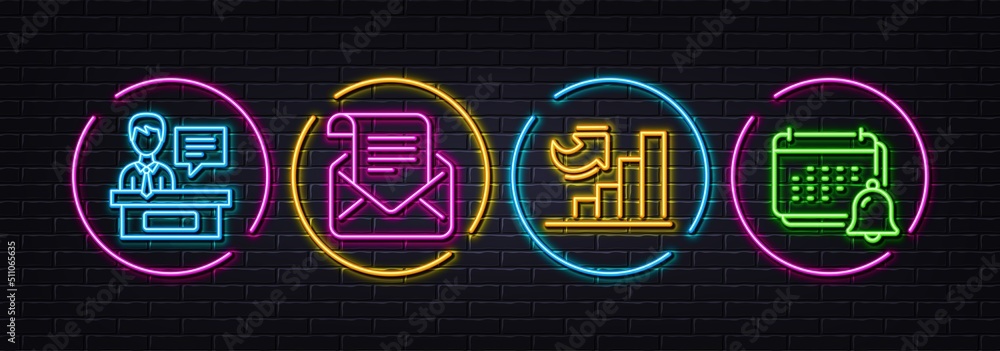 Mail newsletter, Growth chart and Exhibitors minimal line icons. Neon laser 3d lights. Notification icons. For web, application, printing. Open e-mail, Diagram graph, Information desk. Vector