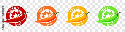 Spicy level Hot chili pepper icons set with flame and rating Mild, medium hot and extra hot level of pepper sauce or snack food Chile habanero and jalapeno level Vector spicy food illustration