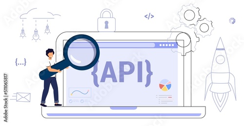 API Application Programming Interface Software development tool API as a symbol of finished code Website programming and coding Vector illustration flat design UI Isolated on white background