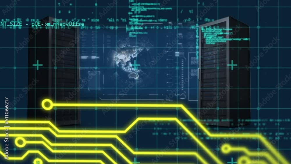 Animation of data processing and servers over blue background Animation of data processing and servers over blue background
