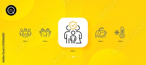 Family insurance, Wash hands and Mint tea minimal line icons. Yellow abstract background. Low thermometer, Social distance icons. For web, application, printing. Vector