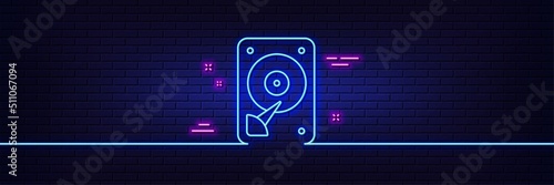 Neon light glow effect. HDD icon. Hard disk storage sign. Hard drive memory symbol. 3d line neon glow icon. Brick wall banner. HDD outline. Vector