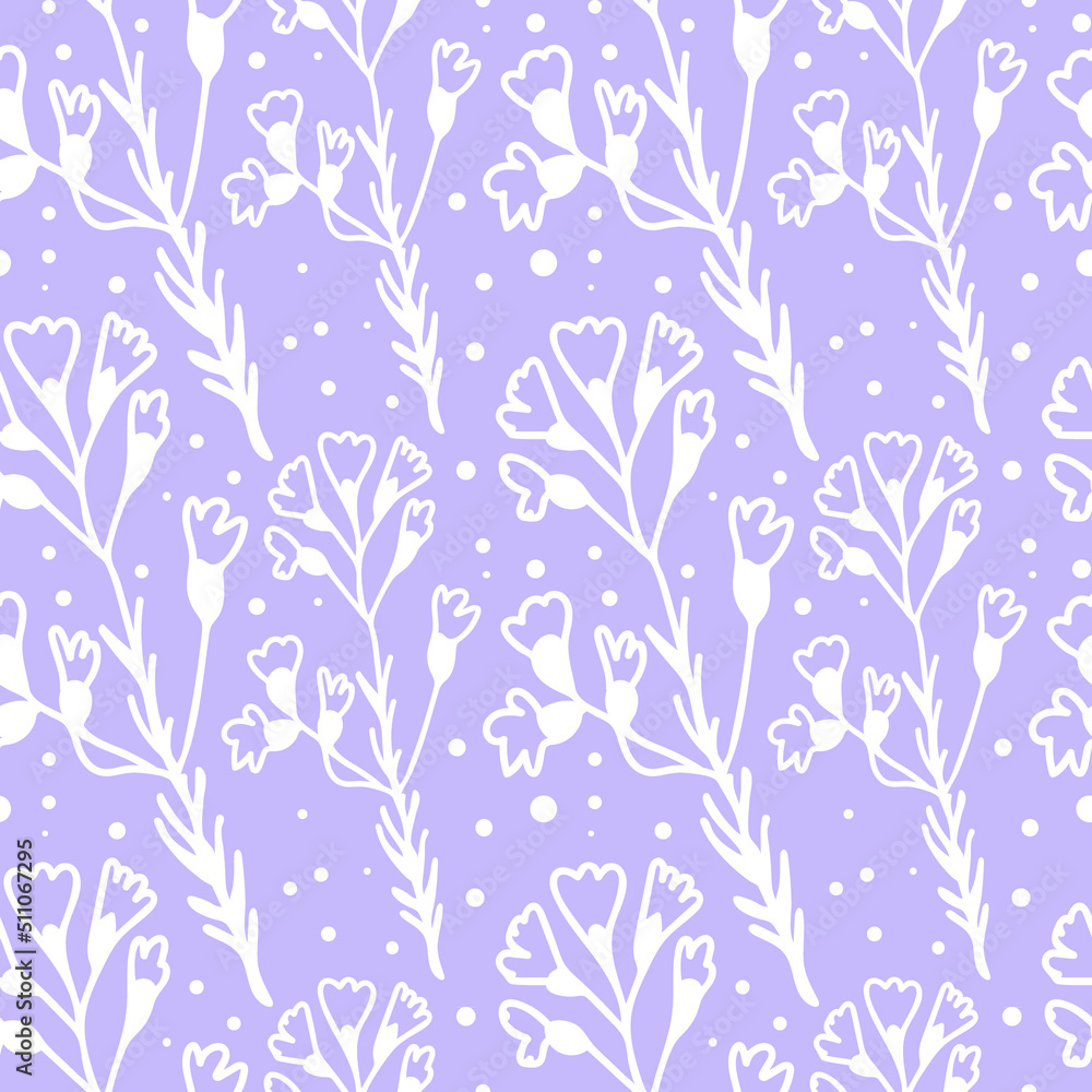 Vector seamless pattern Christmas botanicals in white line on a trendy lilac background.Repeating,floral print in color 2022 in a minimalist style.Designs for textiles,wrapping paper,fabric,packaging.