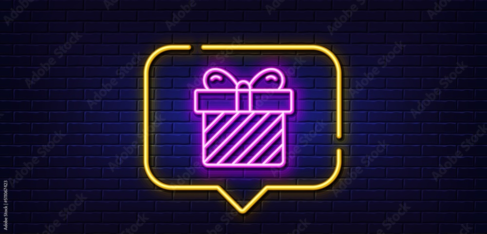 Neon light speech bubble. Gift box line icon. Present or Sale sign. Birthday Shopping symbol. Package in Gift Wrap. Neon light background. Surprise glow line. Brick wall banner. Vector Neon light speech bubble. Gift box line icon. Present or Sale sign. Birthday Shopping symbol. Package in Gift Wrap. Neon light background. Surprise glow line. Brick wall banner. Vector