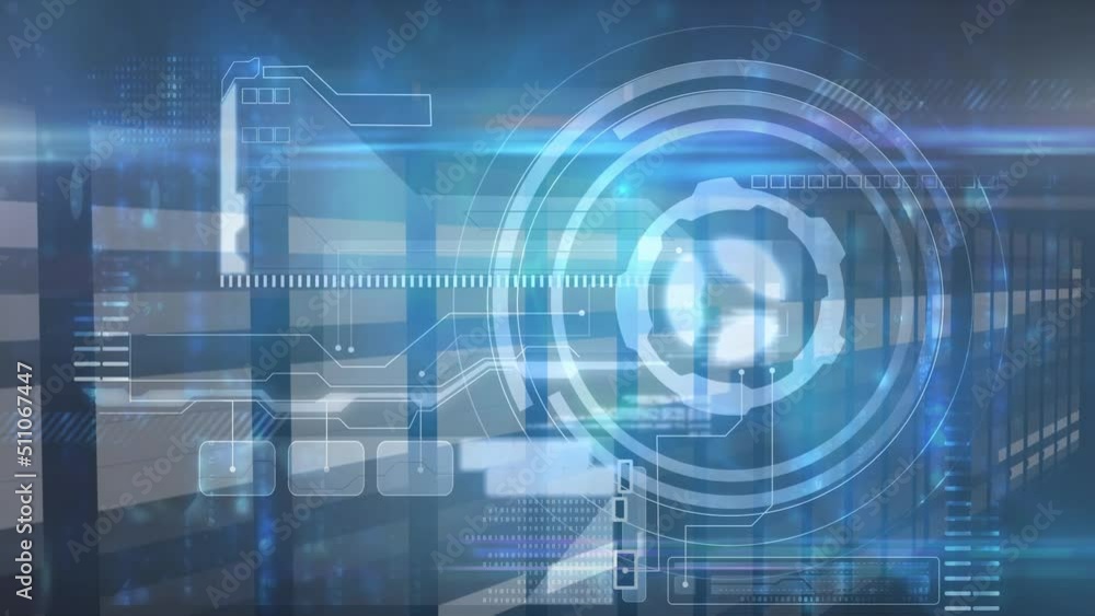 Animation of scope scanning and data processing over server room Animation of scope scanning and data processing over server room