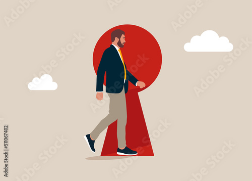 Businessman goes to keyhole door on big wall, concept business opportunity and challenges in the future. isometric vector illustration.