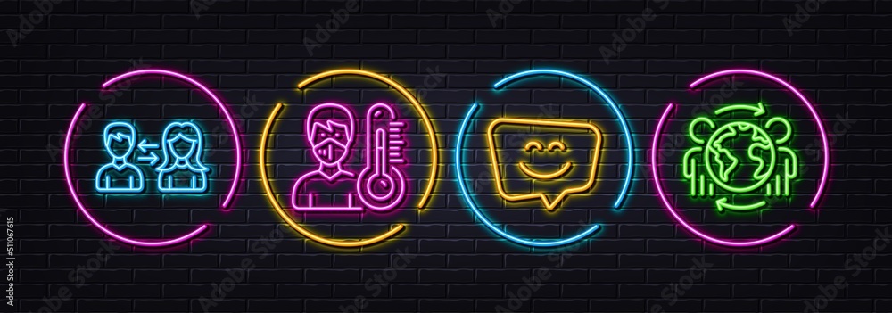 People communication, Smile face and Thermometer minimal line icons. Neon laser 3d lights. Global business icons. For web, application, printing. People talking, Chat, Doctor with mask. Vector