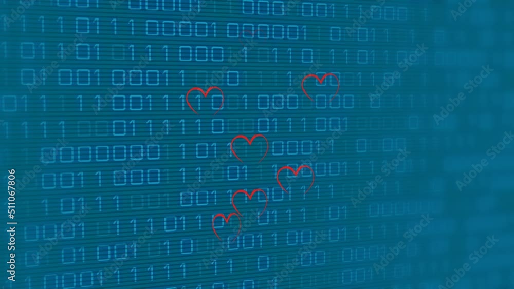 Animation of red hearts over binary coding on blue background Animation of red hearts over binary coding on blue background