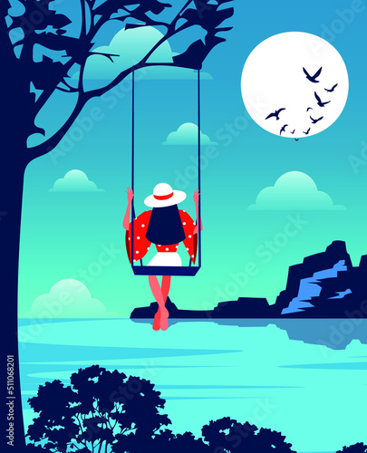 Vector illustration of a bright blue landscape of nature and vacation on vacation girl swinging on a swing rejoices at the big moon