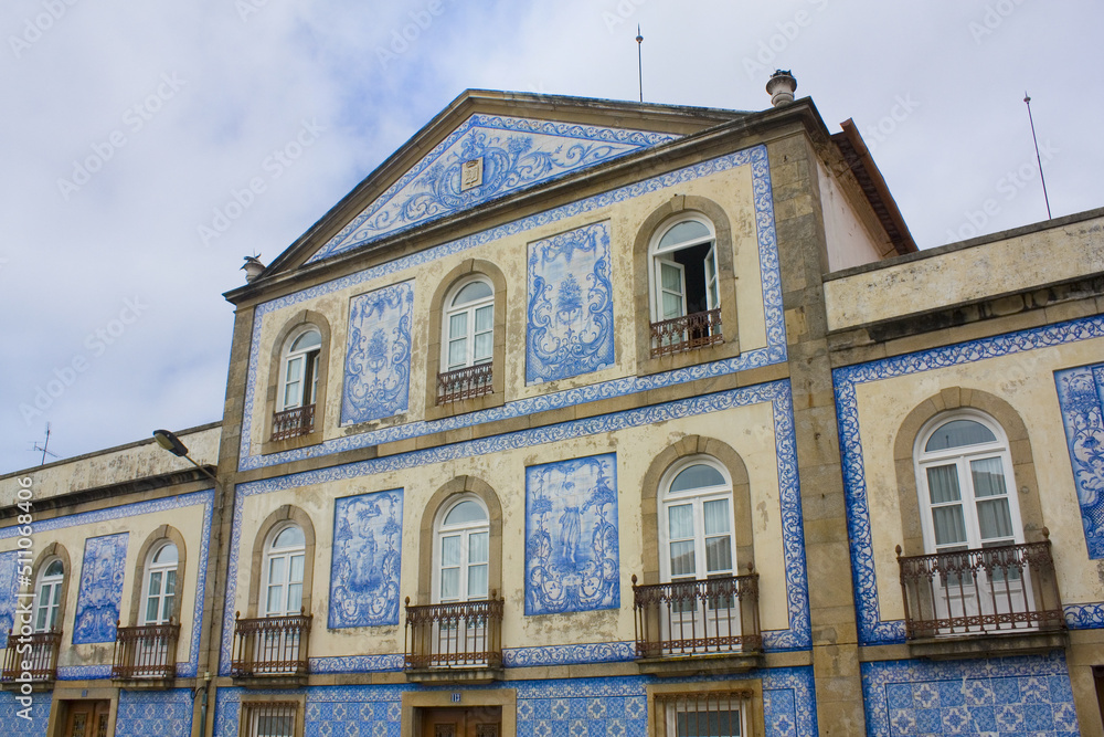 Typical facade with blue azulejos in Old Town of Aveiro, Portugal