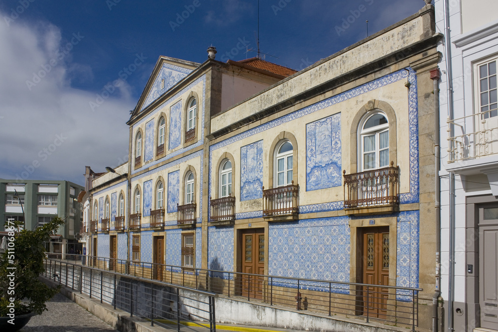 Typical facade with blue azulejos in Old Town of Aveiro