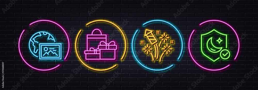 Shopping, Web photo and Fireworks rocket minimal line icons. Neon laser 3d lights. Guard icons. For web, application, printing. Holiday packages, Image placeholder, Pyrotechnic salute. Vector
